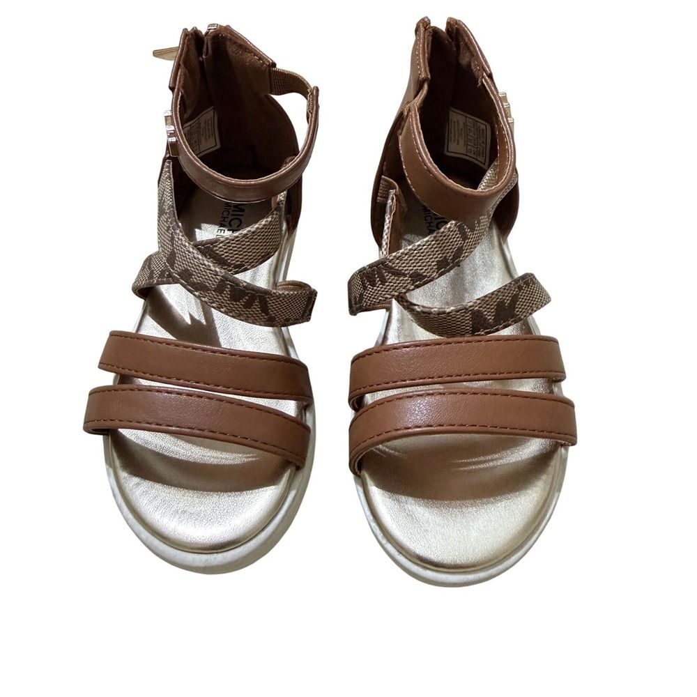 Michael Kors Britta Gladiator Sandals Brown Monogram Zipper Strappy Girls Size 7